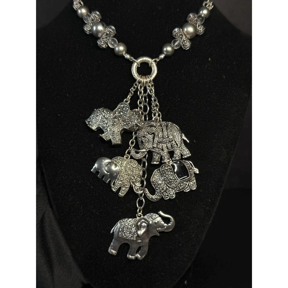 Vintage Silver Tone Elephant Charm Necklace Art Deco Style Marcasite Look